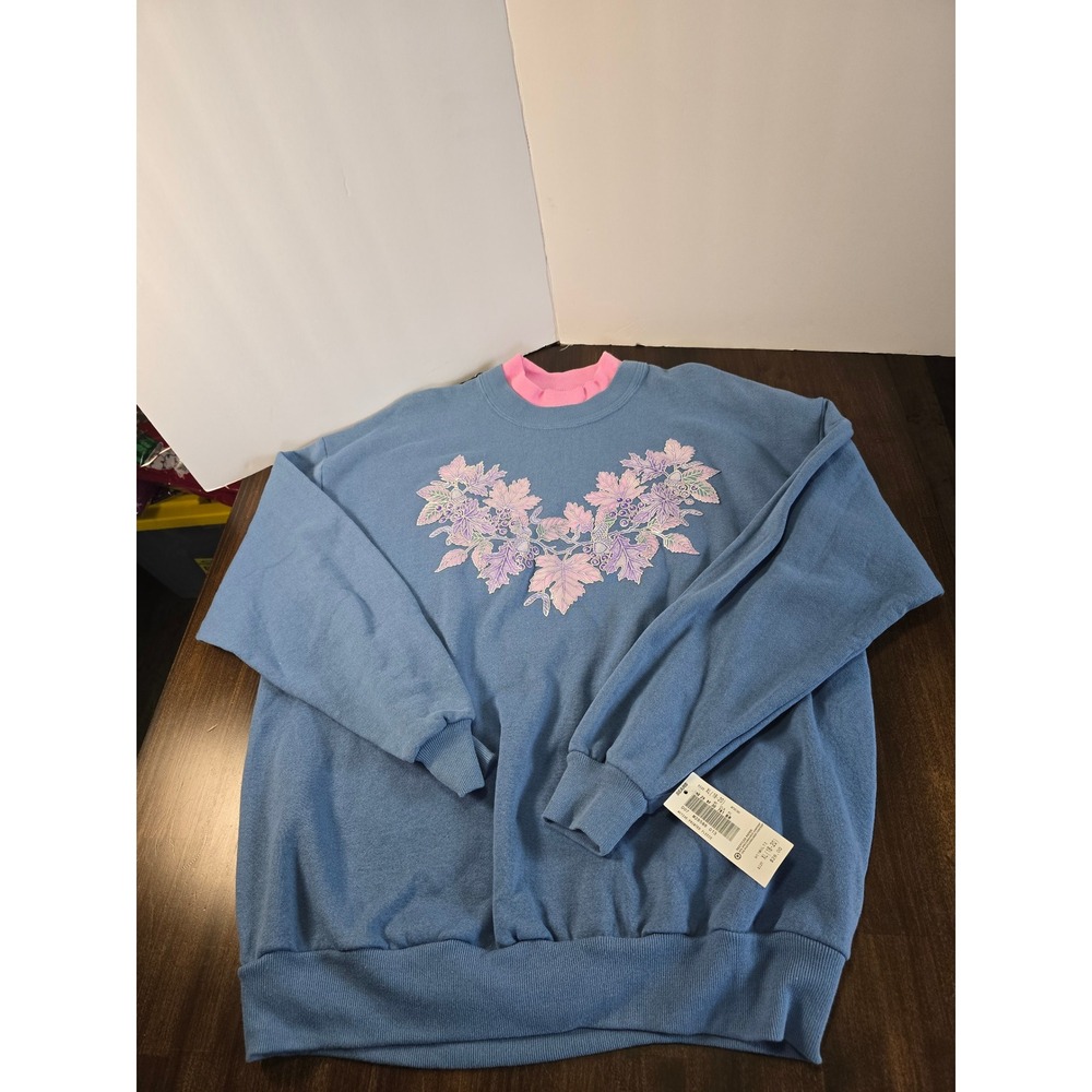 Vintage Whim Z Sears Blue Pink Floral Leaf Fleece Sweatshirt XL NWT Made in USA